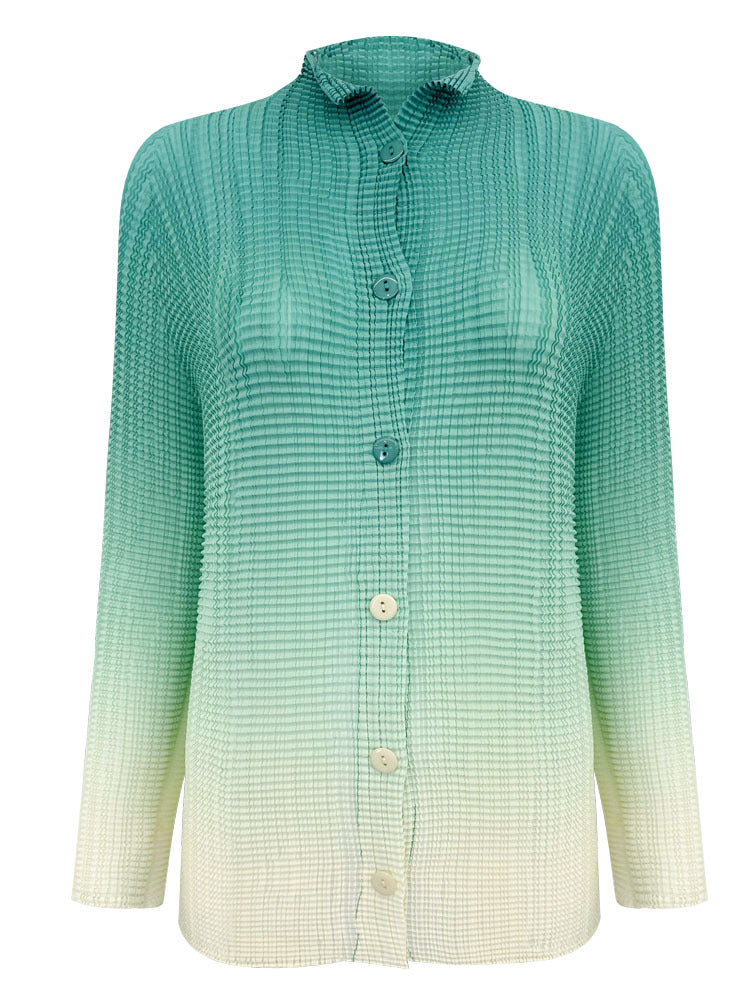 Gradient Pleated Chiffon Shirt Versatile Casual Small Open Collar Sweet Slimming Long Sleeve Printed Top for Women