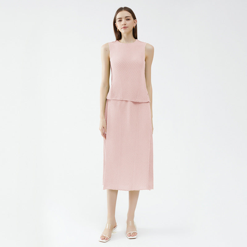 Casual Style Scale Pleated Solid Color Sleeveless Top and Skirt Casual Suit Women