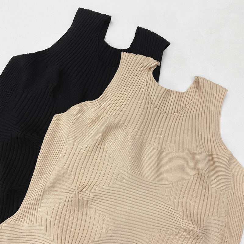 Heavy-Duty Crocheted Striped Sleeveless T-shirt for Women Summer Irregular Niche Knitwear Waist Short Top for Women