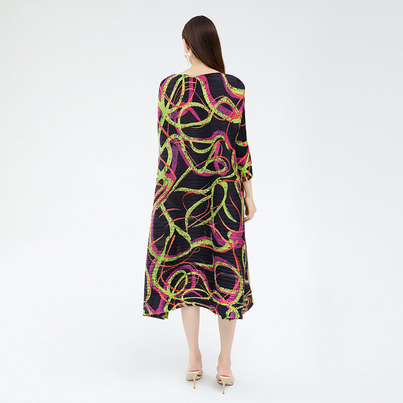 Design Loose Line Floral Print Slit Casual Pleated Midi Dress for Women