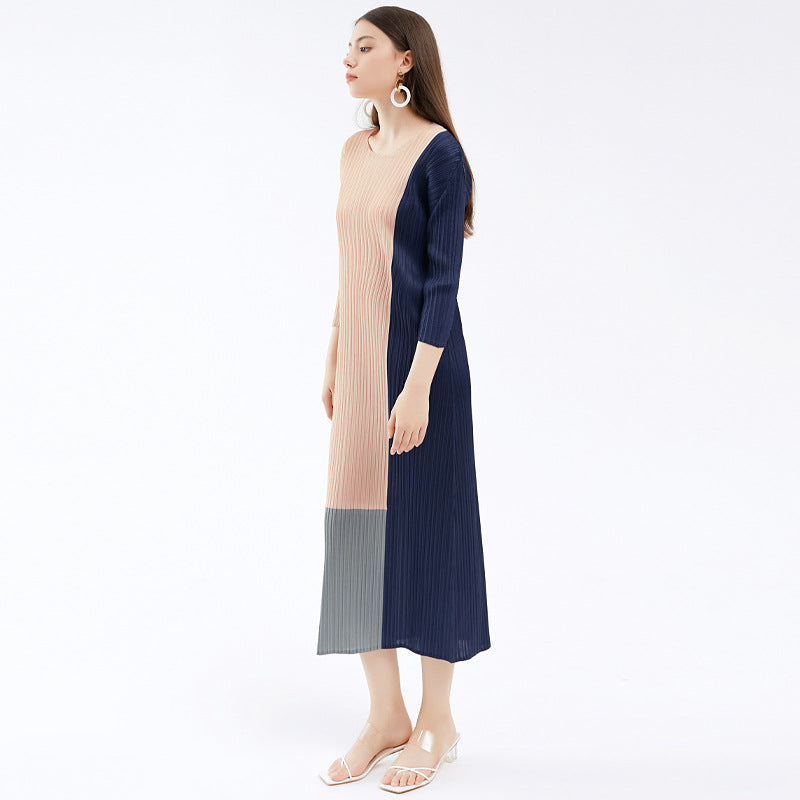 Contrast Color Long Sleeves Dress Women's Design Sense Patchwork Long Dress