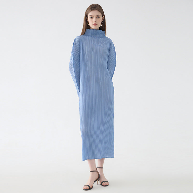 Graceful Collar Folding Sleeve Solid Color Dress Women's Mid-Length Simple Loose Pleated A- line Skirt