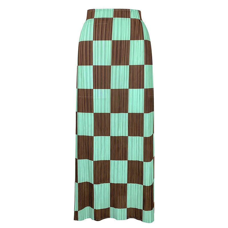Elegant Pleated Skirt Chessboard Plaid A- line Sheath Skirt Women