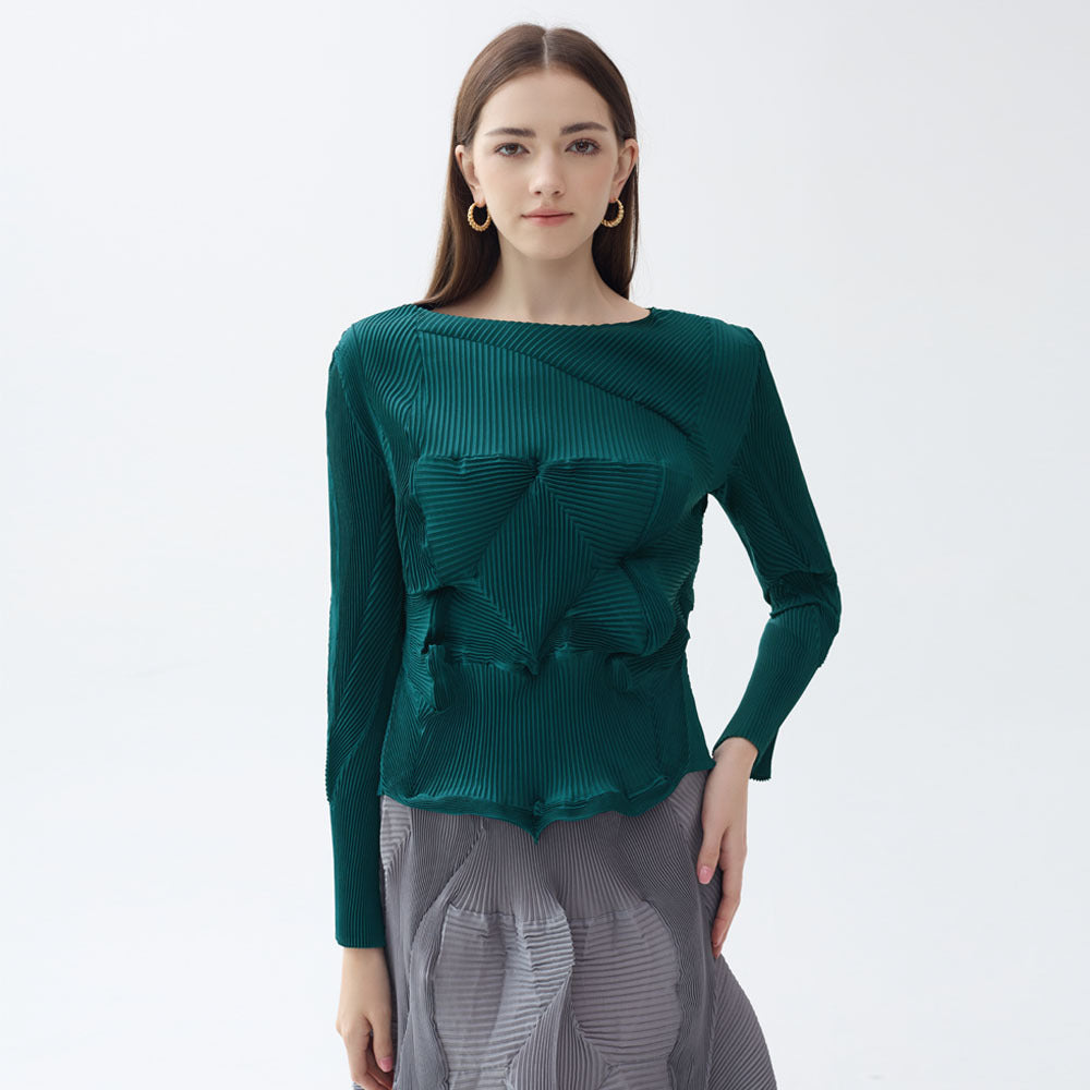 Folding Top round Neck Irregular Solid Color Long Sleeve Elegant Versatile Top Women