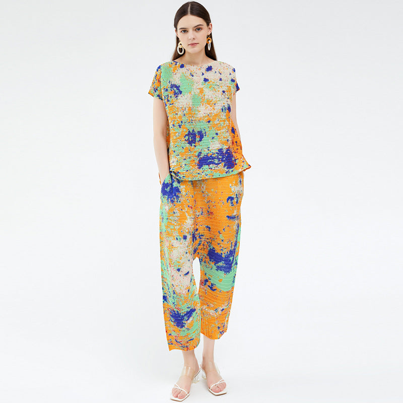 Printing Suit Loose Top All-Match Wide Leg Pants Harem Pants Two-Piece Set for Women