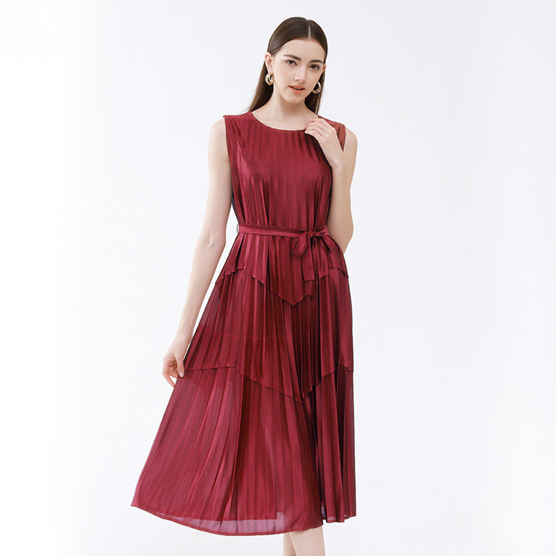 Heavy Satin Stitching Belt Dress Female Temperament Forged Silk Glossy Sleeveless Waist Trimming below the Knees