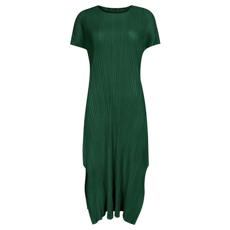 Pure Color Split Dress Pleated Pleated Skirt round Neck Short Sleeve Casual Elegant Basic Skirt