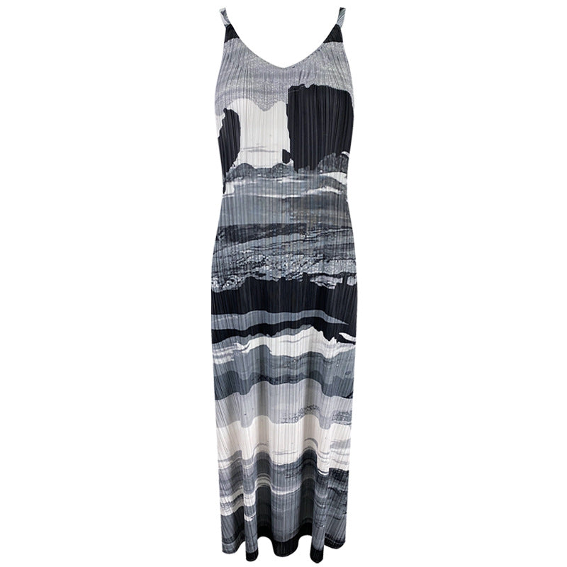 Ink Print Loose Strap Dress Pleated