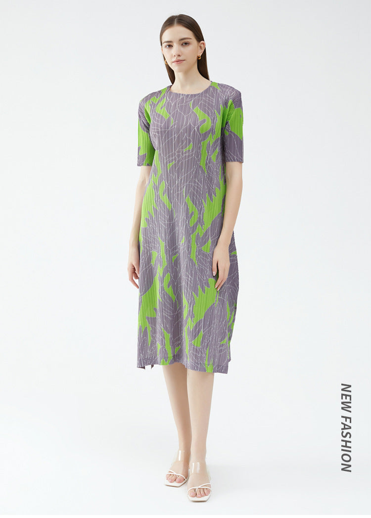 Geometric Printing and Dyeing Loose Casual Pleated Dress Mid-Length Split Temperament Dress