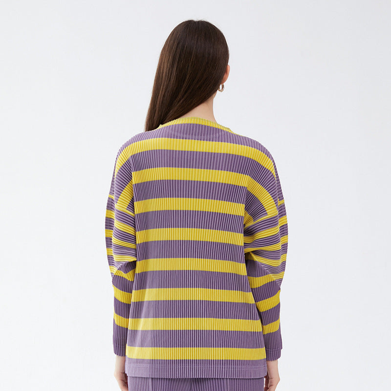Japanese round Neck Striped Sweater Women's Loose Long Sleeve Casual Slimming Peplum Top