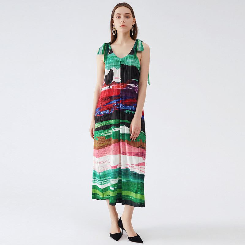 Ink Print Loose Strap Dress Pleated