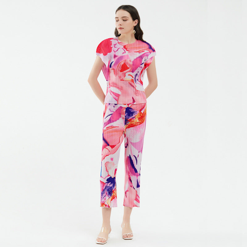 Casual Suit Short-Sleeved Top Slimming Straight Pants Two-Piece Women's Summer