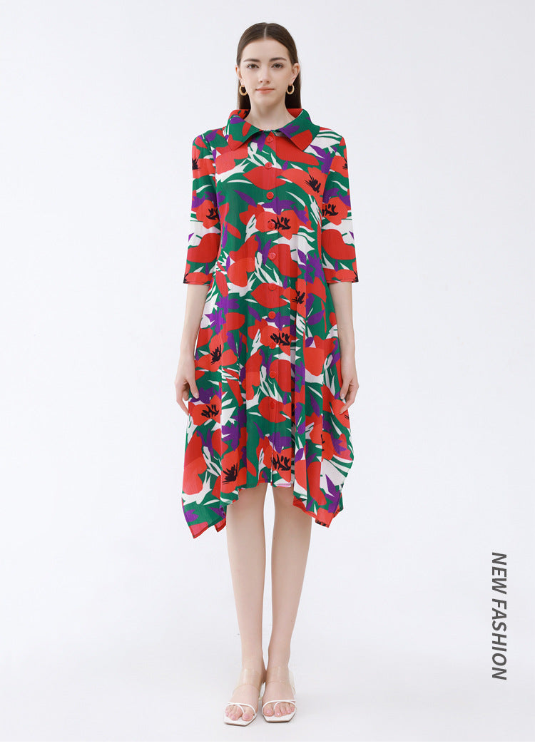 Half Sleeve Polo Collar Loose Flower Pleated Gentle Dress Women's Single Breasted