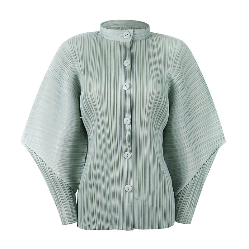 Batwing Long Sleeve Stand Collar Top Loose Slimming Shirt Cardigan Buckle Niche Horn Style