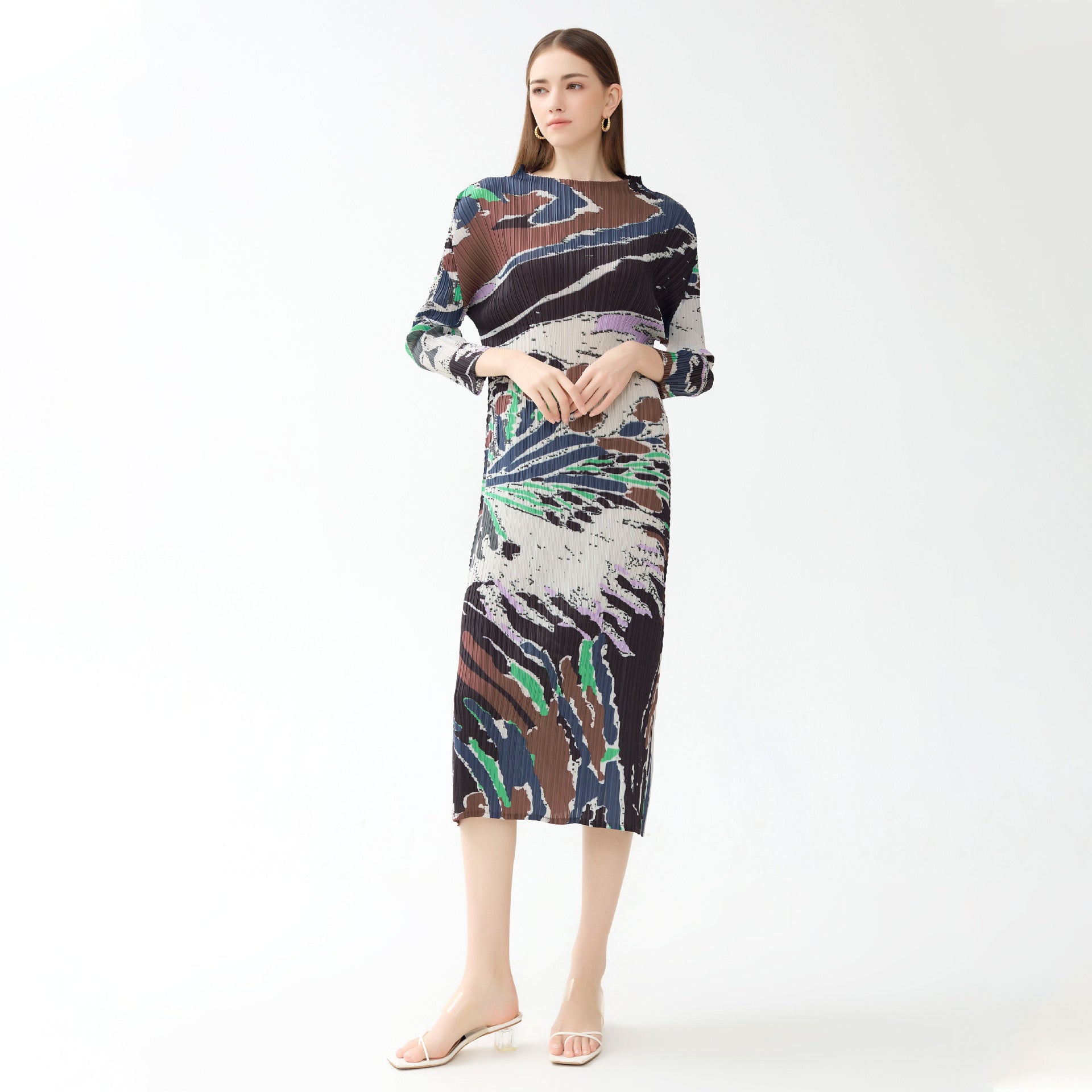 Autumn A- line Skirt Printed Half Collar Casual Pleated Long Sleeve Classic Style Dress Women