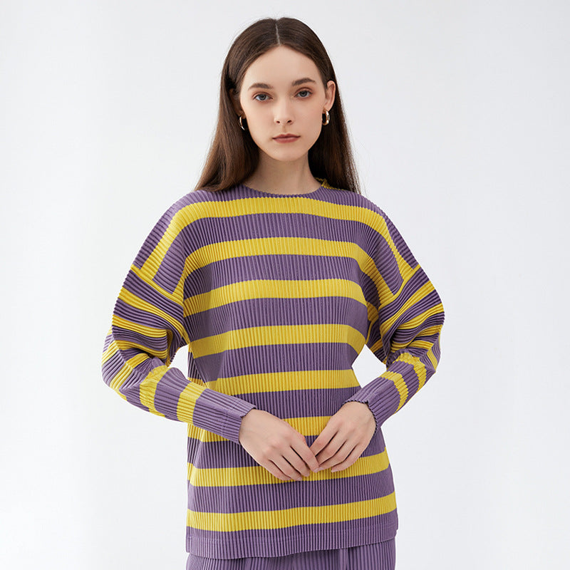 Japanese round Neck Striped Sweater Women's Loose Long Sleeve Casual Slimming Peplum Top