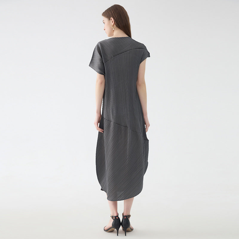 Peanut Dress Female Slimming Sense of Design Niche Folding Short Sleeve Asymmetric Skirt Female