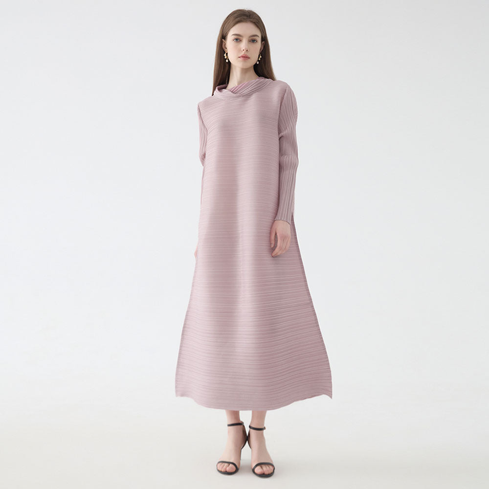 Scarf Collar Dress Women's Loose Long Sleeve Solid Color A- line Midi Dress