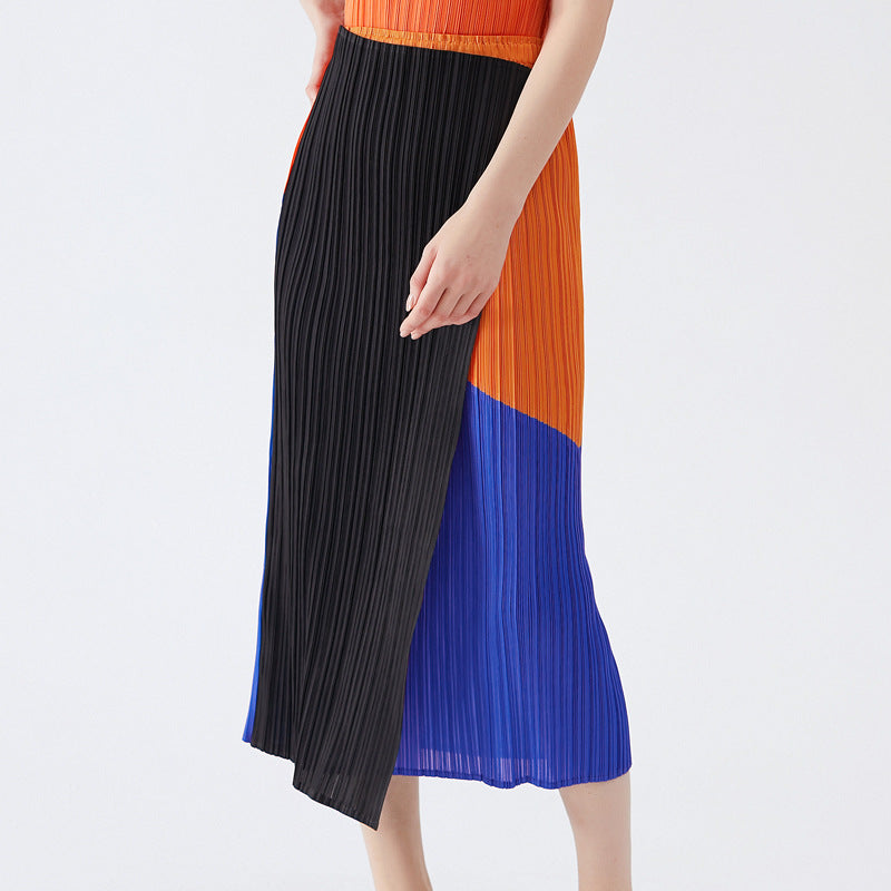 Casual Style Orange Blue Mid-Length Slim-Fit Pleated Skirt Waist A- line Skirt for Women Summer