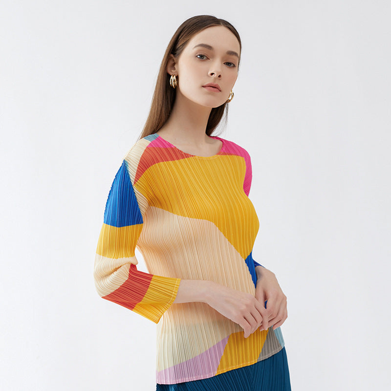 Color Block Basic Shirt Women's Autumn Design Sense round Neck, Slim-Fit, Long-Sleeved T-shirt Top Women