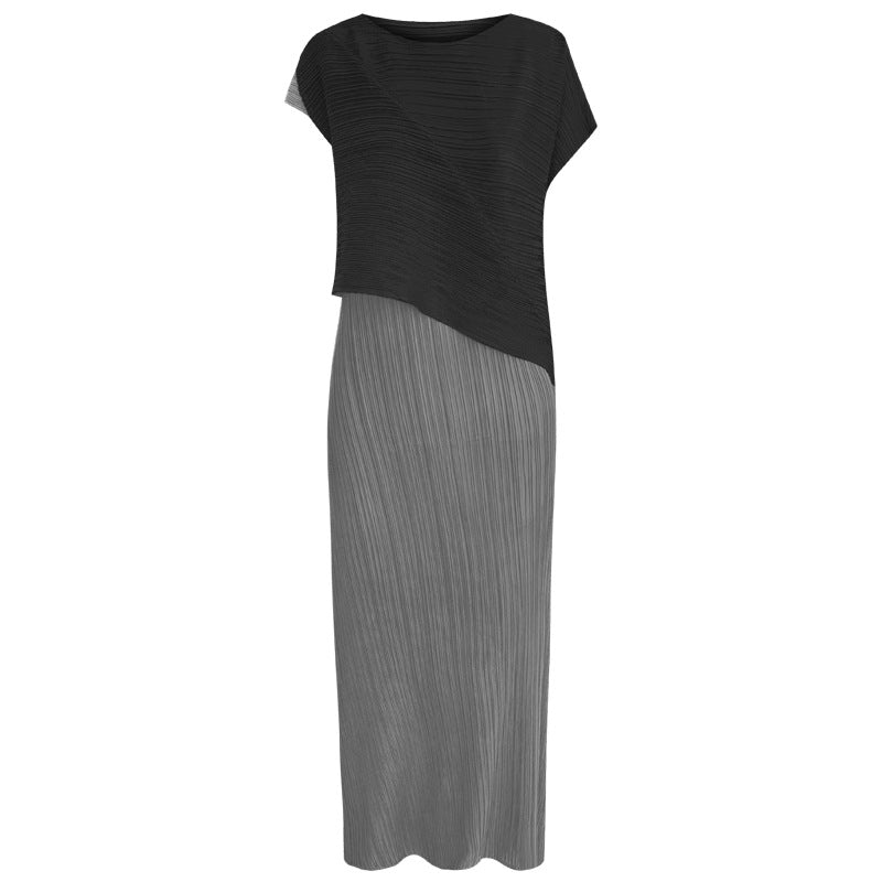 round Neck Multicolor Dress Fake Two-Piece Sleeveless Level Slim Fit A- line Dress Sense Classic Style