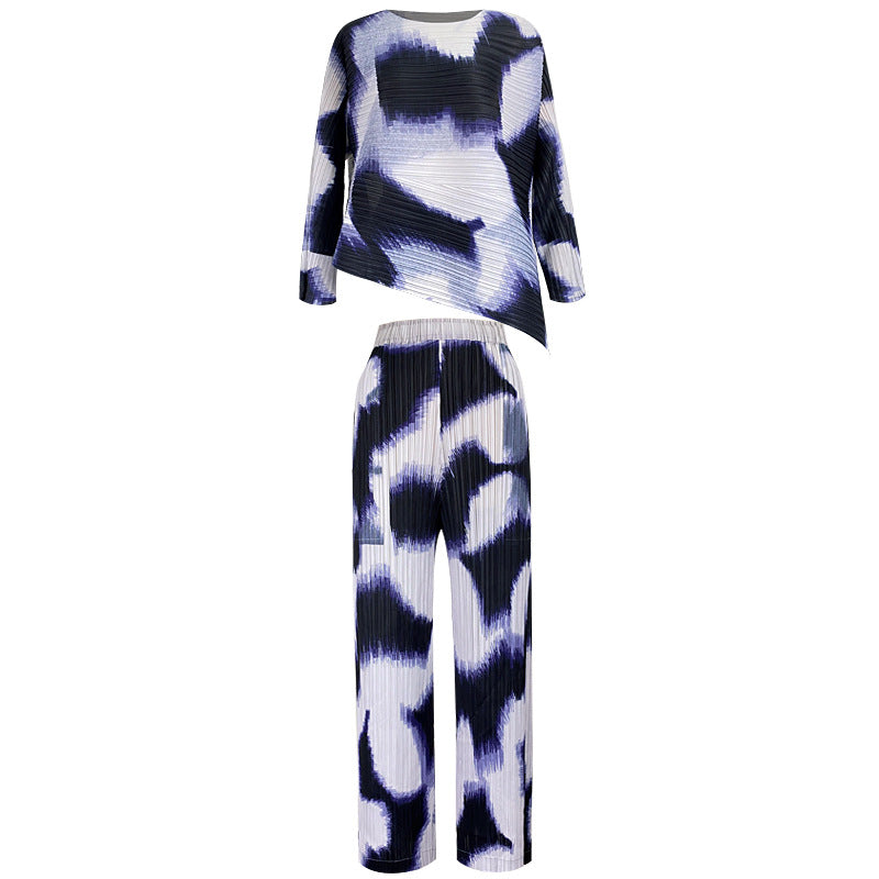 Pleated Suit Women's Personalized Hand-Painted Casual Style Slimming Top Casual Pants Two-Piece Set