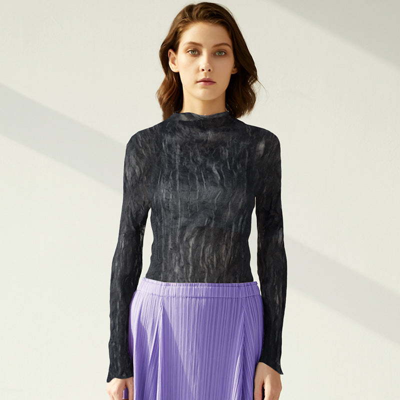 Season Women's Simple Slim Fit Inner Wear Collar Pleated Hollow Bottoming Shirt Women's Long Sleeve Sun Protection Shirt