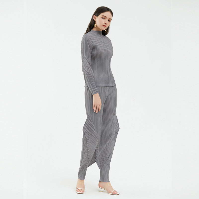 Elegant All-Match Suit Solid Color Design Blouse Casual Trousers Two-Piece Set