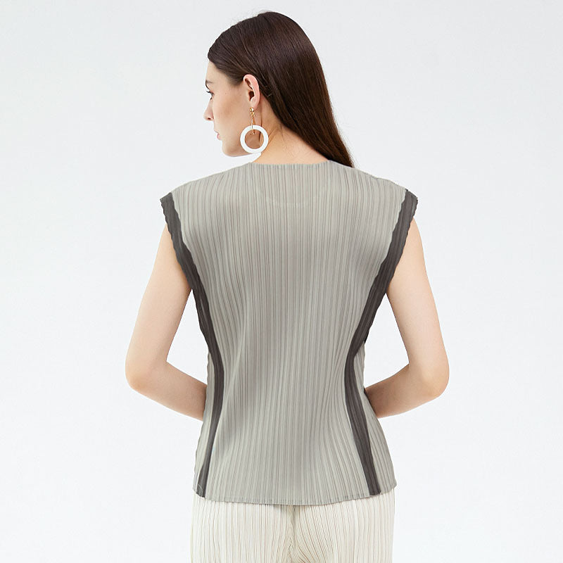 Patchwork Top Design Sense round Neck Pleated Loose T-shirt Women's Casual