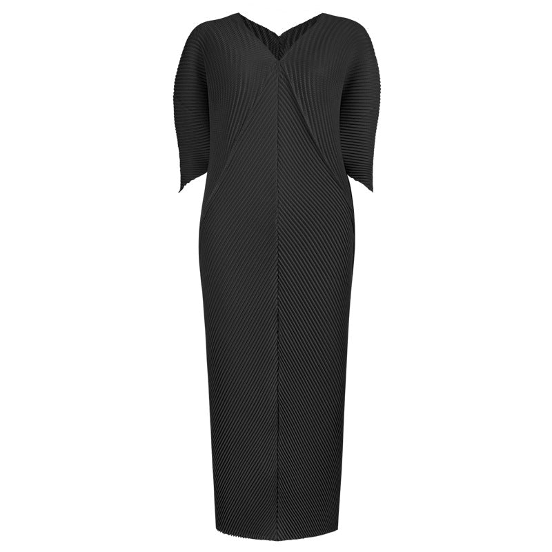 Scale Pleated Dress Mid-Length Five-Quarter Sleeve Elegant Solid Color Dress Women