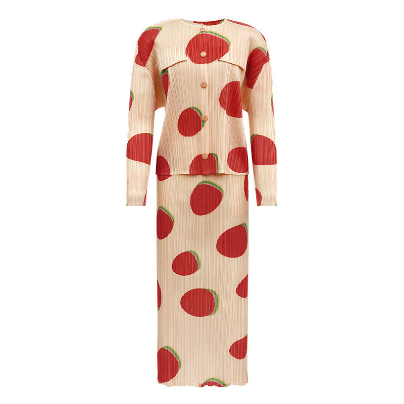 Comfortable Breathable Suit Fu Dou Printed Long-Sleeved Shirt Slim Fit Slit Skirt Two-Piece Set