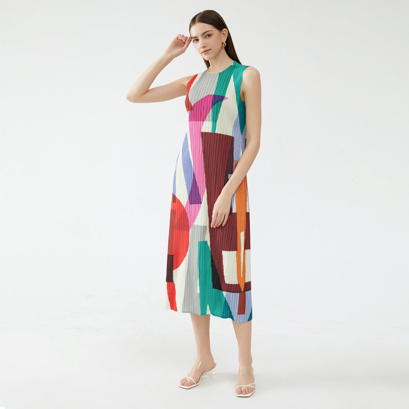 Geometric Sleeveless Slim Fit Dress Women's Long and Simple All-Matching Slimming A- line Skirt