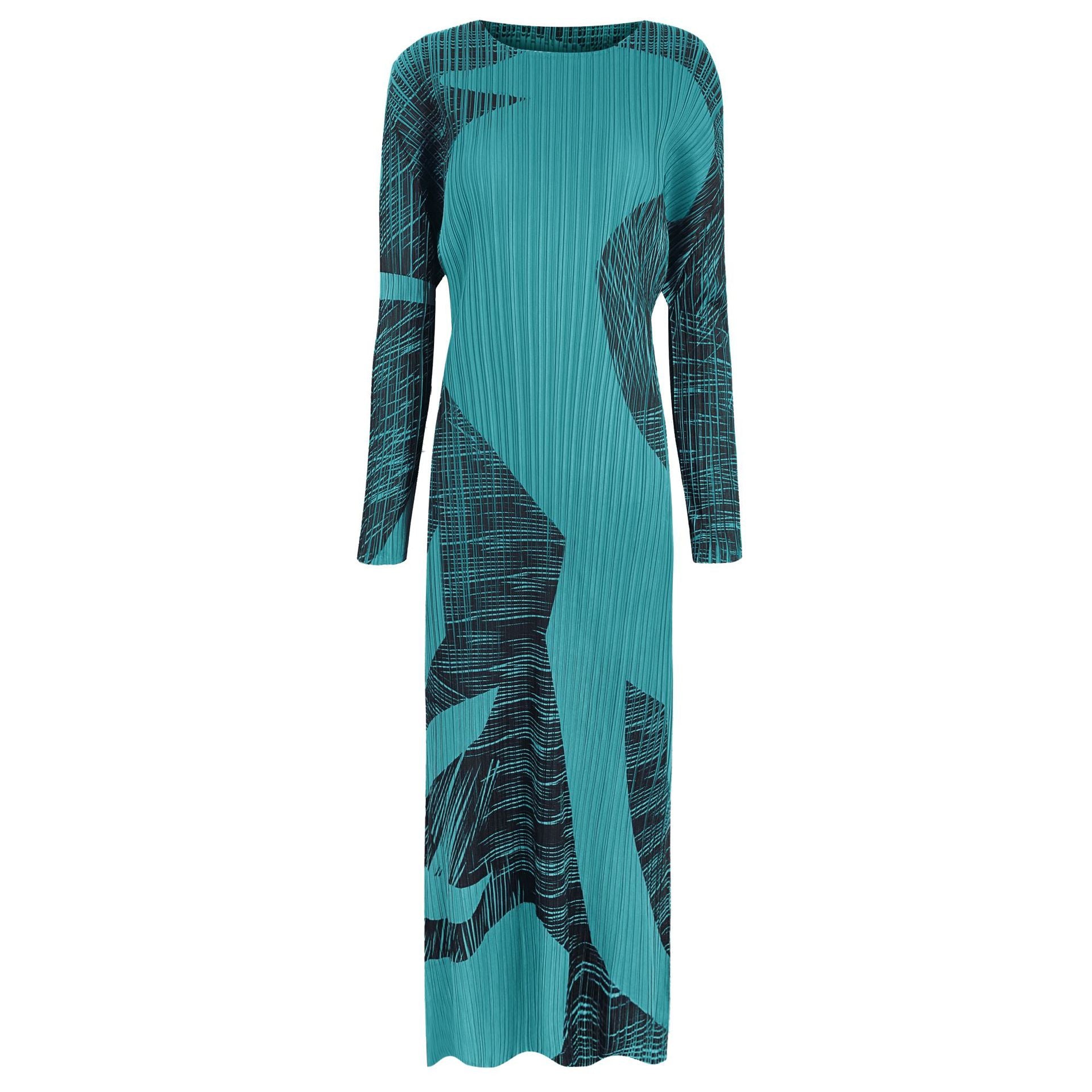 Gentle Printed Dress Women's round Neck Contrast Color Slim-Fit Long-Sleeved A- line Skirt