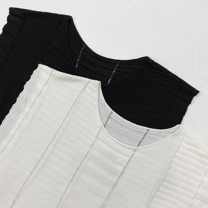Breathable Solid Color Sweater Fashionable Sleeveless T-shirt Loose Waist Striped Thin Casual Top for Women Summer