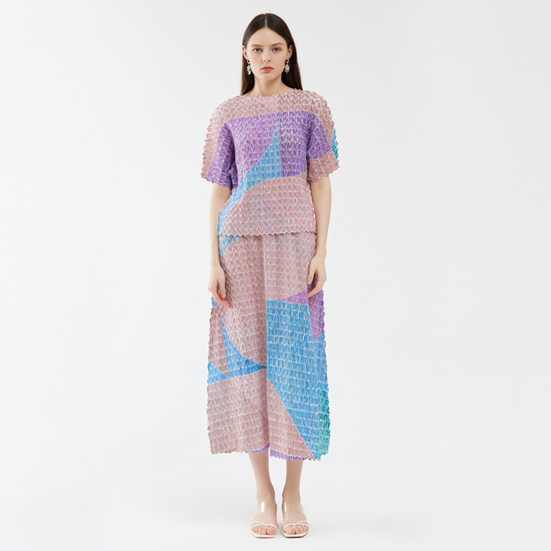 Contrast Color Top Suit Loose Casual Skirt Two-Piece Set for Women