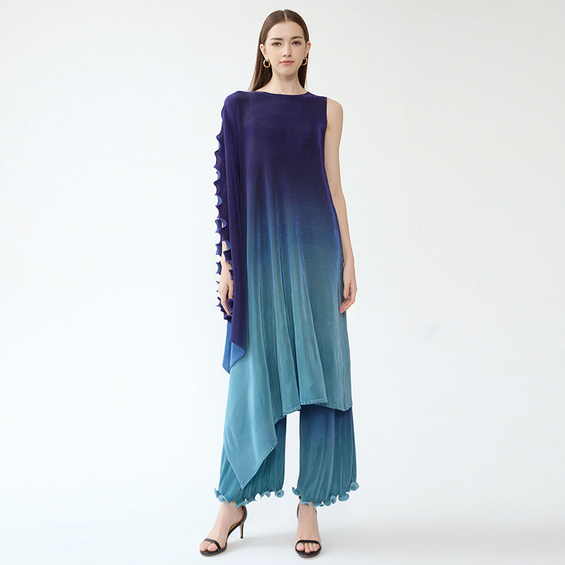 Cross-Border Irregular One-Shoulder Sleeve round Neck Gradient Color Dress Casual Pants Two-Piece Set