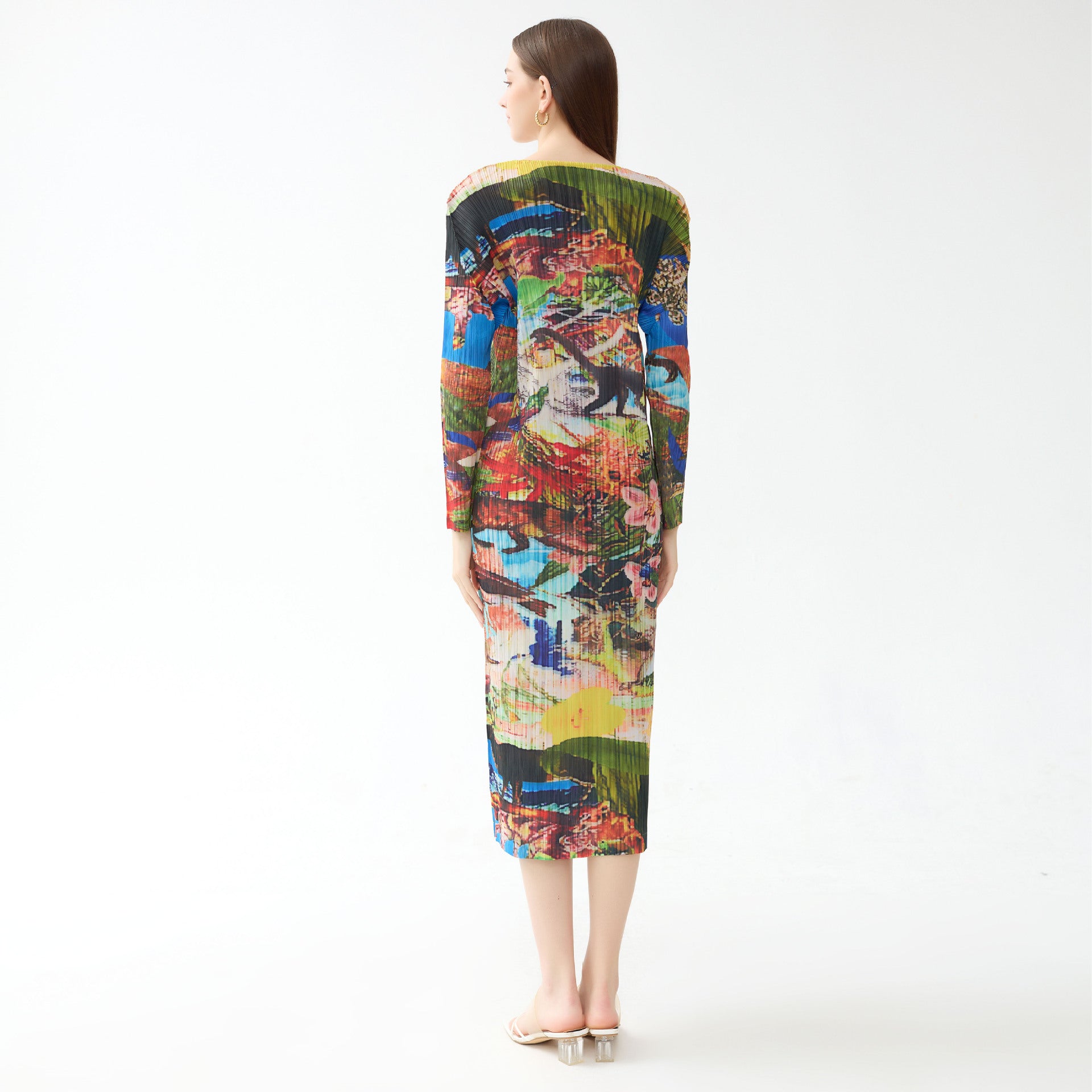 Dress Women's Jurassic Print Long Sleeve round Neck A- line Skirt Long Color Skirt