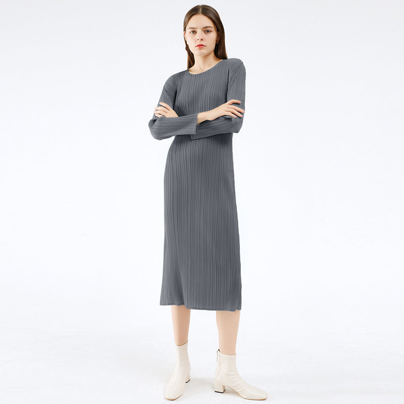 Classic Long Sleeve Solid Color Dress Women's Mid-Length Simple Slim Fit Slit Bottoming Skirt Autumn Clothing