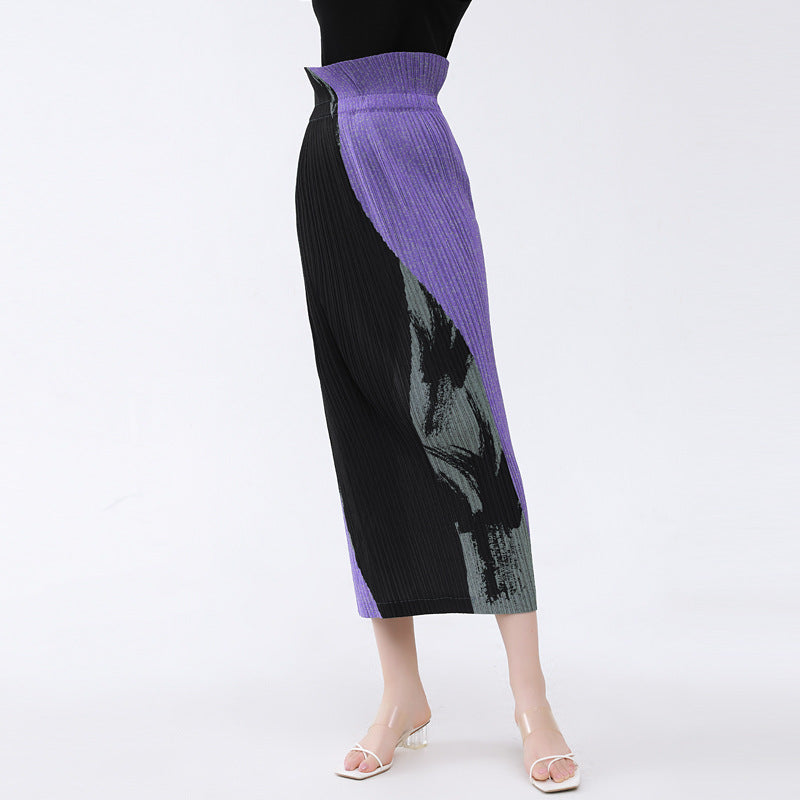 Color Block Printing Waist Skirt Design Pleated Back Zipper Cardigan Slim Skirt