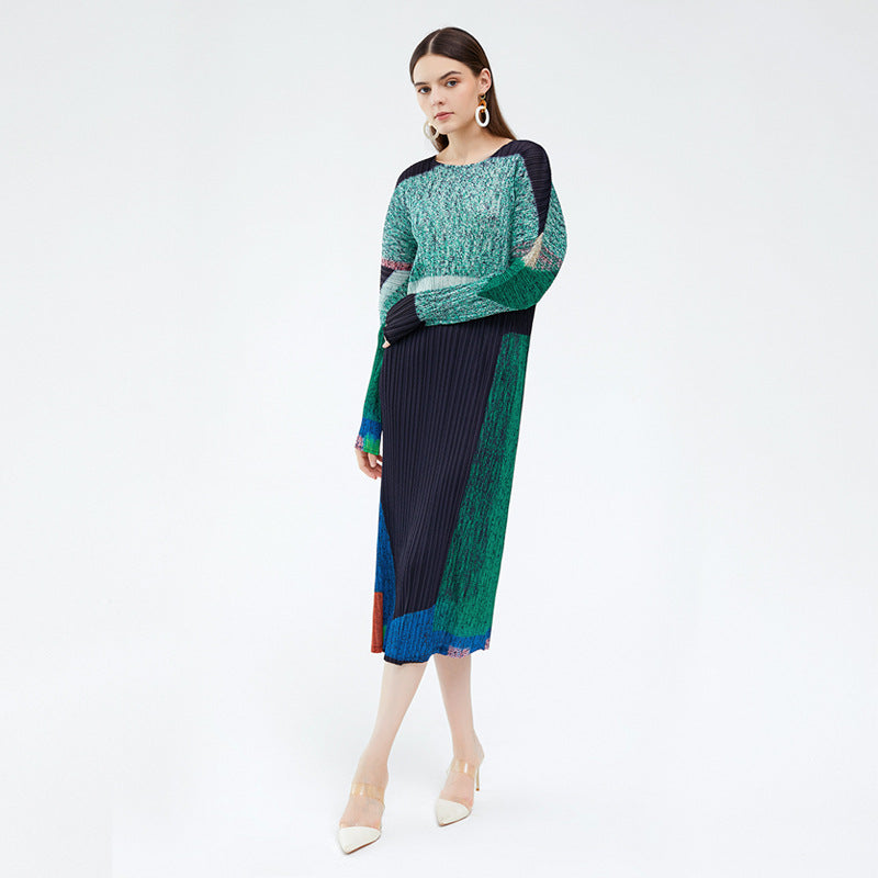 Printed Long Dress Niche Contrast Colors Slimming Long Sleeve Dress Women