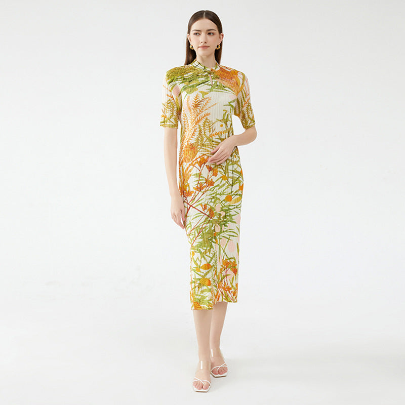 Short Sleeve Printed Cheongsam Dress Elegant Chinese Style Floral Cheongsam Long Dress