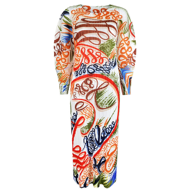 Printed Dress Pleated Waist Tight Slim-Fit Temperament Mid-Length A- line Skirt for Women