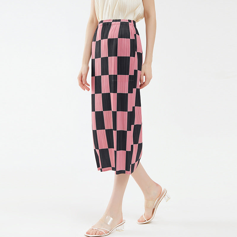 Elegant Pleated Skirt Chessboard Plaid A- line Sheath Skirt Women
