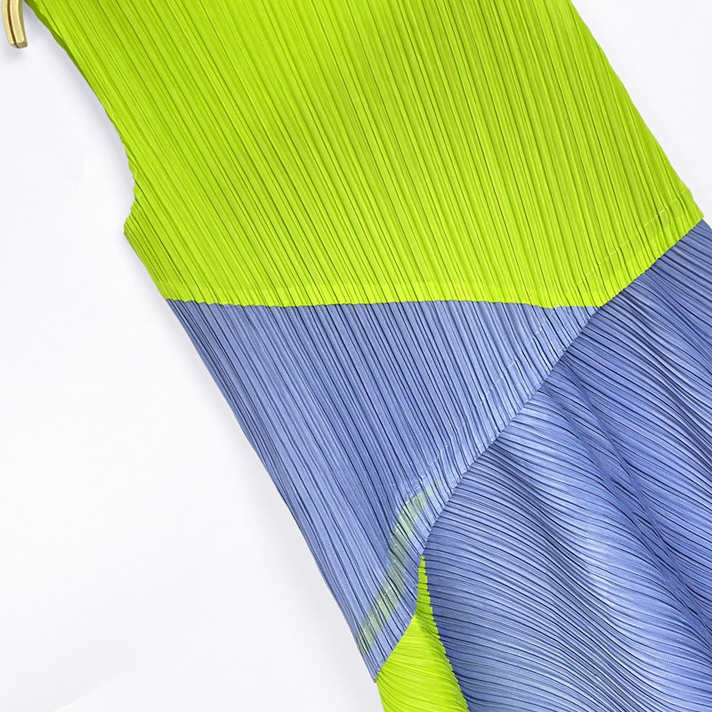 round Neck Sleeveless Dress Contrast Color Waist Stitching Loose and Irregular Long Dress for Women