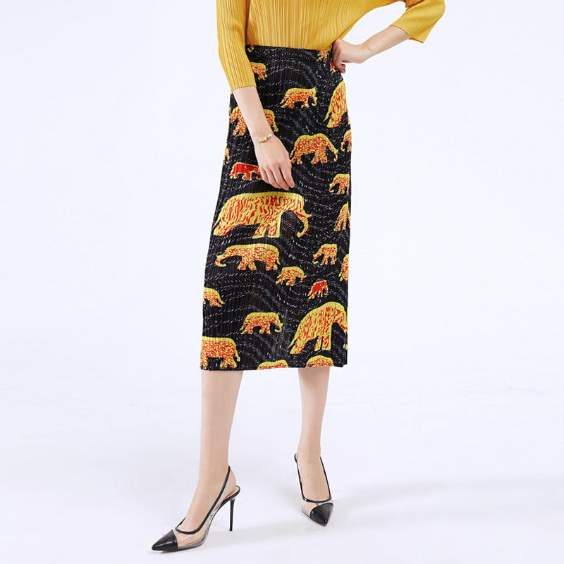 Pleated Casual Slim Fit Versatile Elephant Printed Spring and Winter Skirt A- Line Sheath Skirt