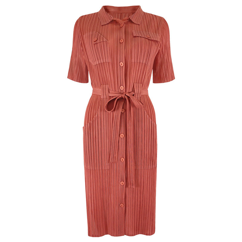 Plus Size Dress Slim Waist Solid Color Pleated Lapel Mid-Length