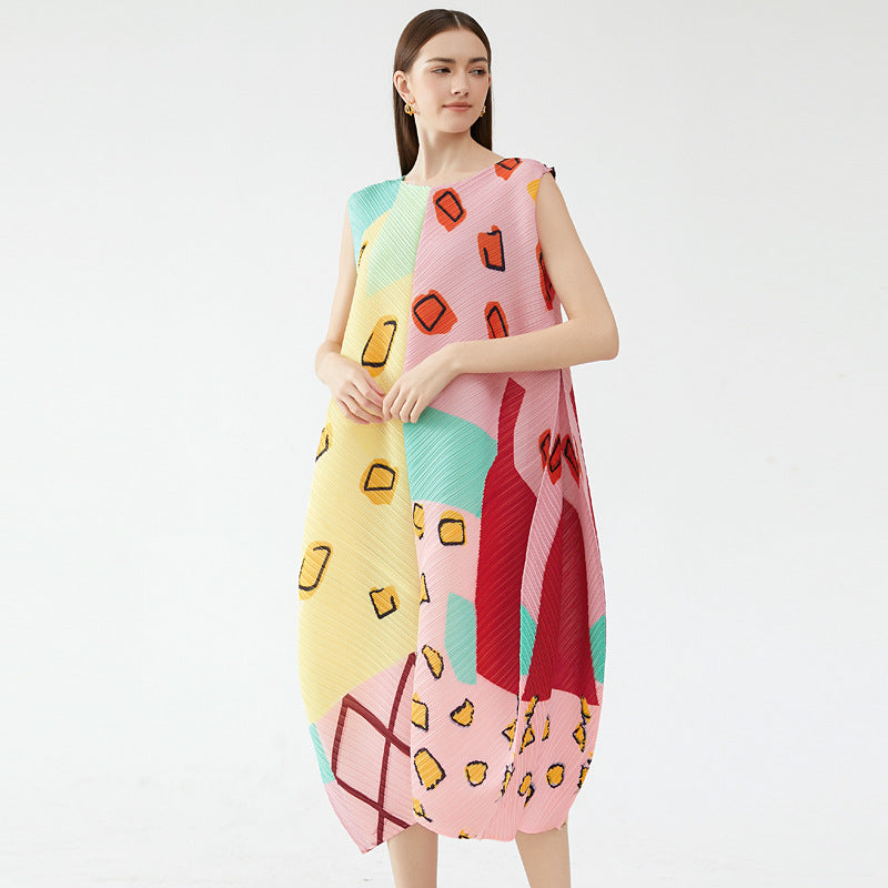 Elegant Style Temperament Pullover Sleeveless round Neck Printing and Dyeing Pleated Umbrella Skirt Dress Women