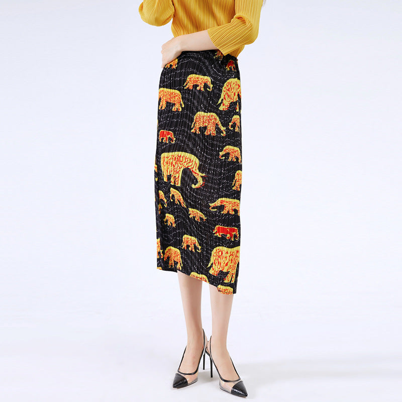Pleated Casual Slim Fit Versatile Elephant Printed Spring and Winter Skirt A- Line Sheath Skirt