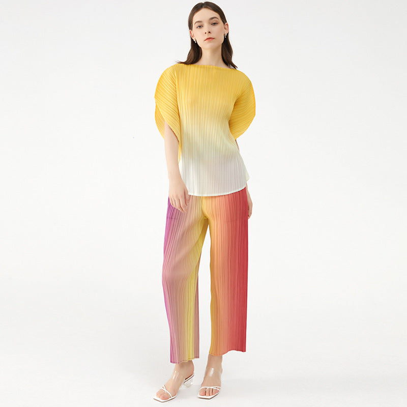 Gradient Color Short-Sleeved T-shirt Women's Simple Style Small Loose All-Match round Neck Pleated Top