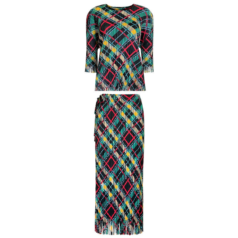 Casual Rhombus Suit Design Blouse Tassel A- line Skirt Women's Two-Piece Set